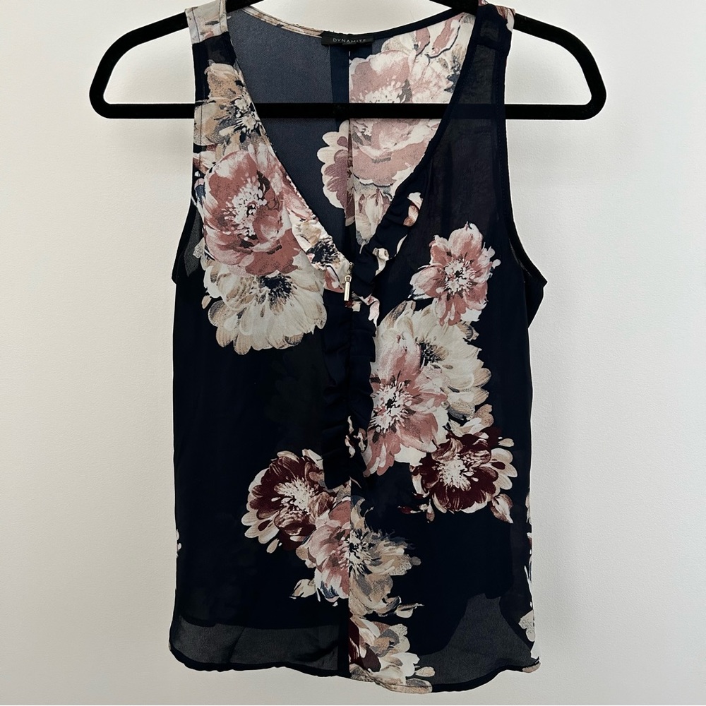 Navy Floral Ruffled Sleeveless Top